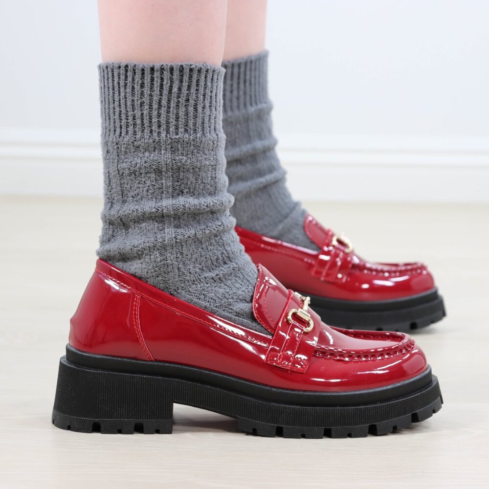 Red Patent Horsebit Loafers Chunky Platform Lug Sole Slip-Ons Grunge 90s Vibes - Picture 6 of 16